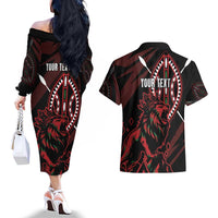 Kenya King Lion Personalized Couples Matching Off The Shoulder Long Sleeve Dress and Hawaiian Shirt Stylized Maasai Shield - Wonder Print Shop