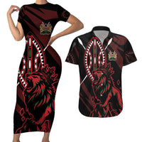 Kenya King Lion Personalized Couples Matching Short Sleeve Bodycon Dress and Hawaiian Shirt Stylized Maasai Shield - Wonder Print Shop
