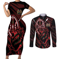 Kenya King Lion Personalized Couples Matching Short Sleeve Bodycon Dress and Long Sleeve Button Shirt Stylized Maasai Shield - Wonder Print Shop