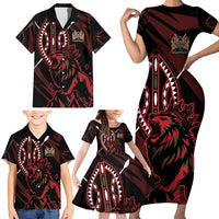 Kenya King Lion Personalized Family Matching Short Sleeve Bodycon Dress and Hawaiian Shirt Stylized Maasai Shield - Wonder Print Shop