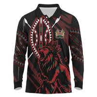 Kenya King Lion Personalized Long Sleeve Polo Shirt Stylized Maasai Shield - Wonder Print Shop