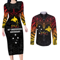 Papua New Guinea Couples Matching Long Sleeve Bodycon Dress and Long Sleeve Button Shirts 48th Independence Anniversary Gradient LT7 - Wonder Print Shop