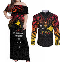 Papua New Guinea Couples Matching Off Shoulder Maxi Dress and Long Sleeve Button Shirts 48th Independence Anniversary Gradient LT7 - Wonder Print Shop
