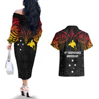 Papua New Guinea Couples Matching Off The Shoulder Long Sleeve Dress and Hawaiian Shirt 48th Independence Anniversary Gradient LT7 - Wonder Print Shop