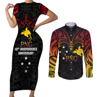 Papua New Guinea Couples Matching Short Sleeve Bodycon Dress and Long Sleeve Button Shirts 48th Independence Anniversary Gradient LT7 - Wonder Print Shop