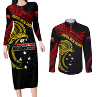 Papua New Guinea Couples Matching Long Sleeve Bodycon Dress and Long Sleeve Button Shirts 48th Independence Anniversary Bird-of-Paradise Tribal Art LT7 - Wonder Print Shop