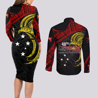 Papua New Guinea Couples Matching Long Sleeve Bodycon Dress and Long Sleeve Button Shirts 48th Independence Anniversary Bird-of-Paradise Tribal Art LT7 - Wonder Print Shop