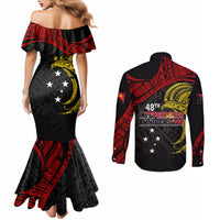 papua-new-guinea-couples-matching-mermaid-dress-and-long-sleeve-button-shirts-48th-independence-anniversary-bird-of-paradise-tribal-art