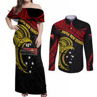 Papua New Guinea Couples Matching Off Shoulder Maxi Dress and Long Sleeve Button Shirts 48th Independence Anniversary Bird-of-Paradise Tribal Art LT7 - Wonder Print Shop