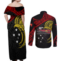 Papua New Guinea Couples Matching Off Shoulder Maxi Dress and Long Sleeve Button Shirts 48th Independence Anniversary Bird-of-Paradise Tribal Art LT7 - Wonder Print Shop