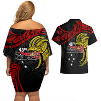 Papua New Guinea Couples Matching Off Shoulder Short Dress and Hawaiian Shirt 48th Independence Anniversary Bird-of-Paradise Tribal Art LT7 - Wonder Print Shop