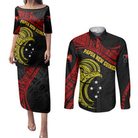 Papua New Guinea Couples Matching Puletasi Dress and Long Sleeve Button Shirts 48th Independence Anniversary Bird-of-Paradise Tribal Art LT7 - Wonder Print Shop