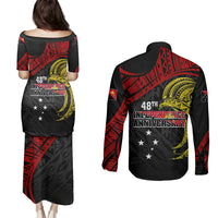Papua New Guinea Couples Matching Puletasi Dress and Long Sleeve Button Shirts 48th Independence Anniversary Bird-of-Paradise Tribal Art LT7 - Wonder Print Shop