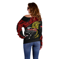 Papua New Guinea Off Shoulder Sweater 48th Independence Anniversary Bird-of-Paradise Tribal Art - Wonder Print Shop