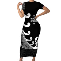 Personalised New Zealand Rugby Short Sleeve Bodycon Dress Aotearoa Silver Fern Koru Maori Style - Wonder Print Shop