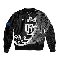 Personalised New Zealand Rugby Sleeve Zip Bomber Jacket Aotearoa Silver Fern Koru Maori Style - Wonder Print Shop