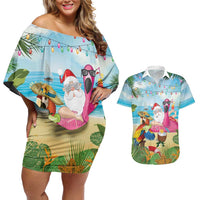 Have Yourself A Beachy Little Christmas Couples Matching Off Shoulder Short Dress and Hawaiian Shirt with Santa Chilling - Wonder Print Shop