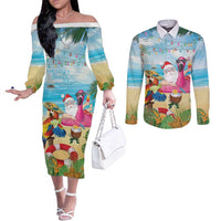 Have Yourself A Beachy Little Christmas Couples Matching Off The Shoulder Long Sleeve Dress and Long Sleeve Button Shirt with Santa Chilling - Wonder Print Shop