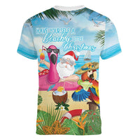 Have Yourself A Beachy Little Christmas Women V-Neck T-Shirt with Santa Chilling - Wonder Print Shop