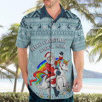 Turquoise Christmas unicorn Hawaiian shirt front on adult, Santa and unicorn graphic