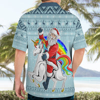 Turquoise Christmas unicorn Hawaiian shirt back on adult, Santa on rainbow unicorn