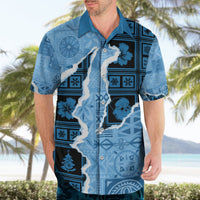 Turquoise Hawaiian shirt, open collar button front with vintage map silhouette and blue florals