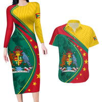 Grenada Couples Matching Long Sleeve Bodycon Dress and Hawaiian Shirt Stars and Bougainvillea LT7 - Wonder Print Shop