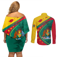 Grenada Couples Matching Off Shoulder Short Dress and Long Sleeve Button Shirt Stars and Bougainvillea LT7 - Wonder Print Shop