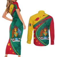 Grenada Couples Matching Short Sleeve Bodycon Dress and Long Sleeve Button Shirt Stars and Bougainvillea LT7 - Wonder Print Shop