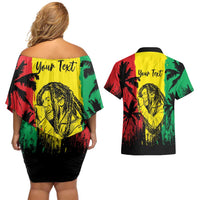 Reggae Soul B.Marley Personalized Couples Matching Off Shoulder Short Dress and Hawaiian Shirt Tropical Grunge