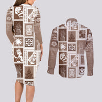 Hawaii Christmas Retro Patchwork Couples Matching Long Sleeve Bodycon Dress and Long Sleeve Button Shirt Brown LT7 - Wonder Print Shop