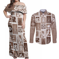 Hawaii Christmas Retro Patchwork Couples Matching Off Shoulder Maxi Dress and Long Sleeve Button Shirt Brown LT7 - Wonder Print Shop