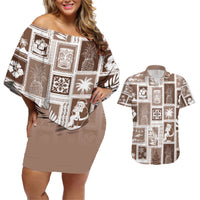 Hawaii Christmas Retro Patchwork Couples Matching Off Shoulder Short Dress and Hawaiian Shirt Brown LT7 - Wonder Print Shop