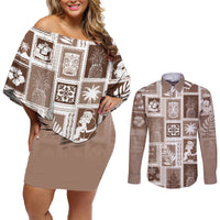 Hawaii Christmas Retro Patchwork Couples Matching Off Shoulder Short Dress and Long Sleeve Button Shirt Brown LT7 - Wonder Print Shop