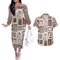 Hawaii Christmas Retro Patchwork Couples Matching Off The Shoulder Long Sleeve Dress and Hawaiian Shirt Brown LT7 - Wonder Print Shop