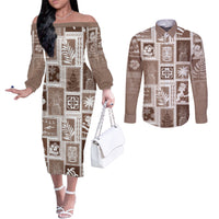 hawaii-christmas-retro-patchwork-couples-matching-off-the-shoulder-long-sleeve-dress-and-long-sleeve-button-shirt-brown