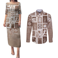 Hawaii Christmas Retro Patchwork Couples Matching Puletasi Dress and Long Sleeve Button Shirt Brown LT7 - Wonder Print Shop