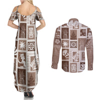 Hawaii Christmas Retro Patchwork Couples Matching Summer Maxi Dress and Long Sleeve Button Shirt Brown LT7 - Wonder Print Shop
