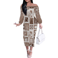 Hawaii Christmas Retro Patchwork Family Matching Off Shoulder Long Sleeve Dress and Hawaiian Shirt Brown - Wonder Print Shop