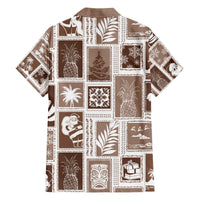 Brown patchwork Hawaiian shirt with white holiday graphics, short sleeves, open collar