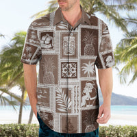Brown holiday patchwork Hawaiian shirt on model, short sleeves, buttoned open collar