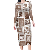 Hawaii Christmas Retro Patchwork Long Sleeve Bodycon Dress Brown - Wonder Print Shop