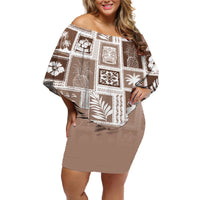 Hawaii Christmas Retro Patchwork Off Shoulder Short Dress Brown - Wonder Print Shop
