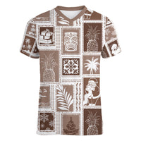 Hawaii Christmas Retro Patchwork Women V Neck T Shirt Brown - Wonder Print Shop