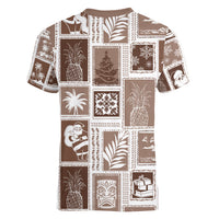 Hawaii Christmas Retro Patchwork Women V Neck T Shirt Brown - Wonder Print Shop