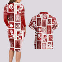 Hawaii Christmas Retro Patchwork Couples Matching Long Sleeve Bodycon Dress and Hawaiian Shirt Red LT7 - Wonder Print Shop
