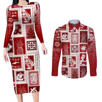 Hawaii Christmas Retro Patchwork Couples Matching Long Sleeve Bodycon Dress and Long Sleeve Button Shirt Red LT7 - Wonder Print Shop