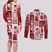 Hawaii Christmas Retro Patchwork Couples Matching Long Sleeve Bodycon Dress and Long Sleeve Button Shirt Red LT7 - Wonder Print Shop