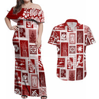 Hawaii Christmas Retro Patchwork Couples Matching Off Shoulder Maxi Dress and Hawaiian Shirt Red LT7 - Wonder Print Shop