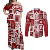 Hawaii Christmas Retro Patchwork Couples Matching Off Shoulder Maxi Dress and Long Sleeve Button Shirt Red LT7 - Wonder Print Shop